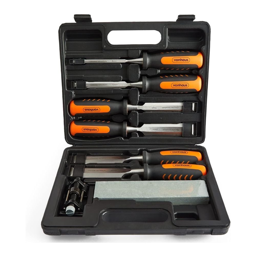 VonHaus Chisel Set - 8pcs Woodworking Tools Set - Wood Carving Tools, Wood Chisel Sets with Sharpening Stone