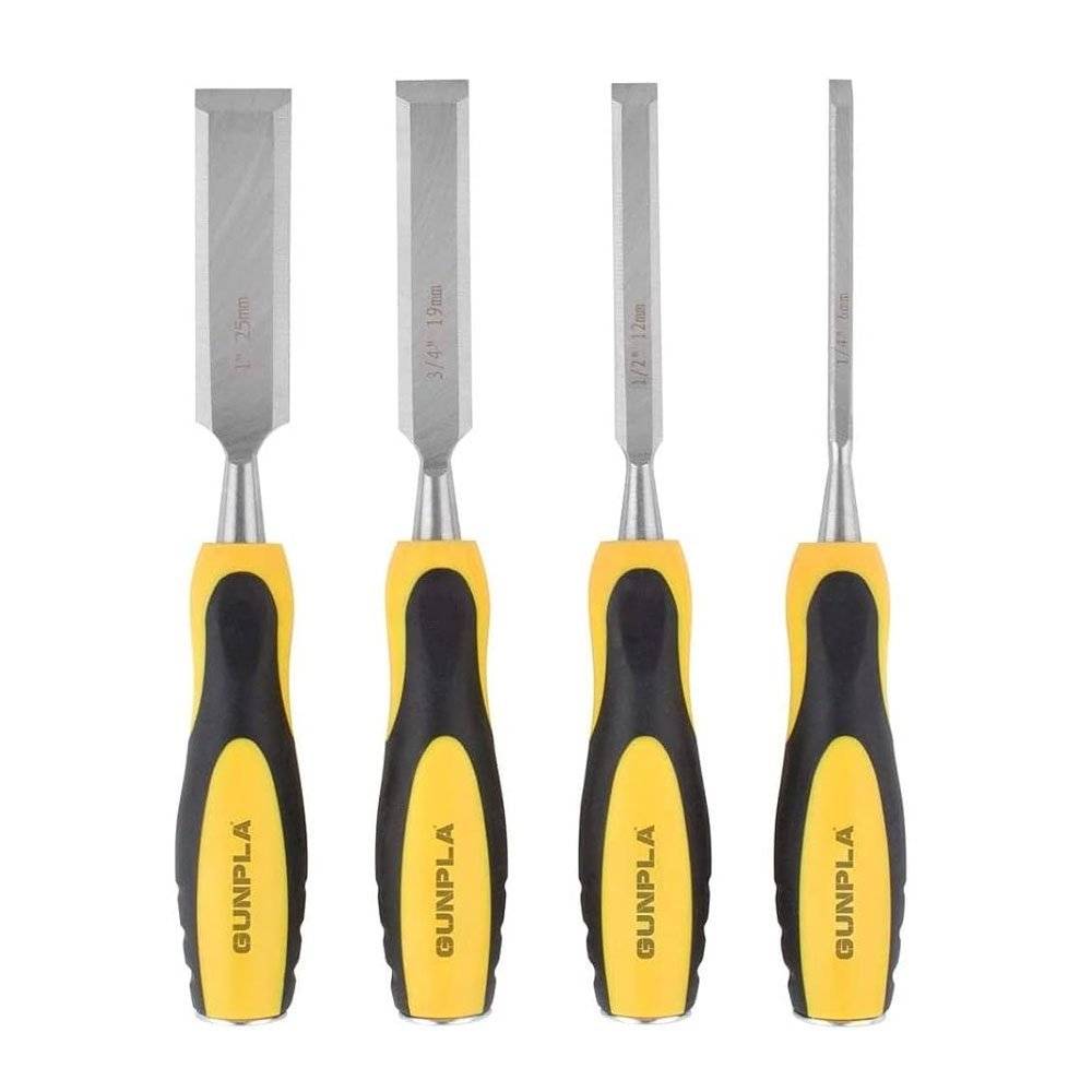 Gunpla 4 Pieces Wood Chisel Set Woodworking Carving Heavy Duty Hand Tools 1/4", 1/2", 3/4" and 1" (6mm, 12mm, 19mm, 25mm) with Soft-Grip Handles