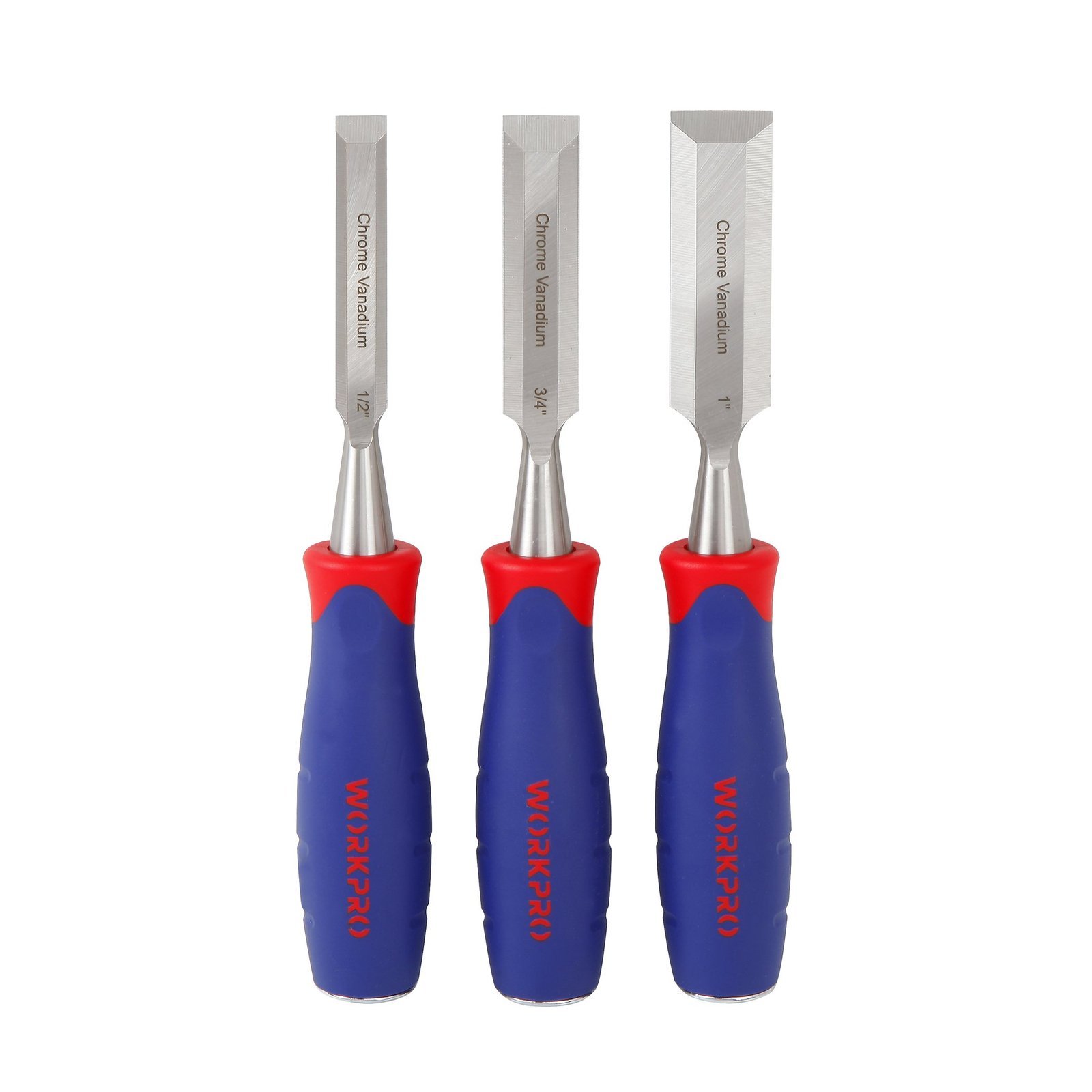 WORKPRO Wood Chisel Set, 3 Pieces Wood Carving Chisels 12 mm, 19 mm, 25 mm, Cr-V Bevel Edge Chisels with Steel Hammer End and Non-Slip Handle for Woodworking, Wood Carving and Sculpting