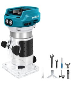 Cordless Router Compatible with Makita 18V Battery – 1300W Brushless Wood Trimmer with 6 Speeds, Straight Guide, Guide Wheel, Milling Bit, and 2 Spanners (Battery Not Included)