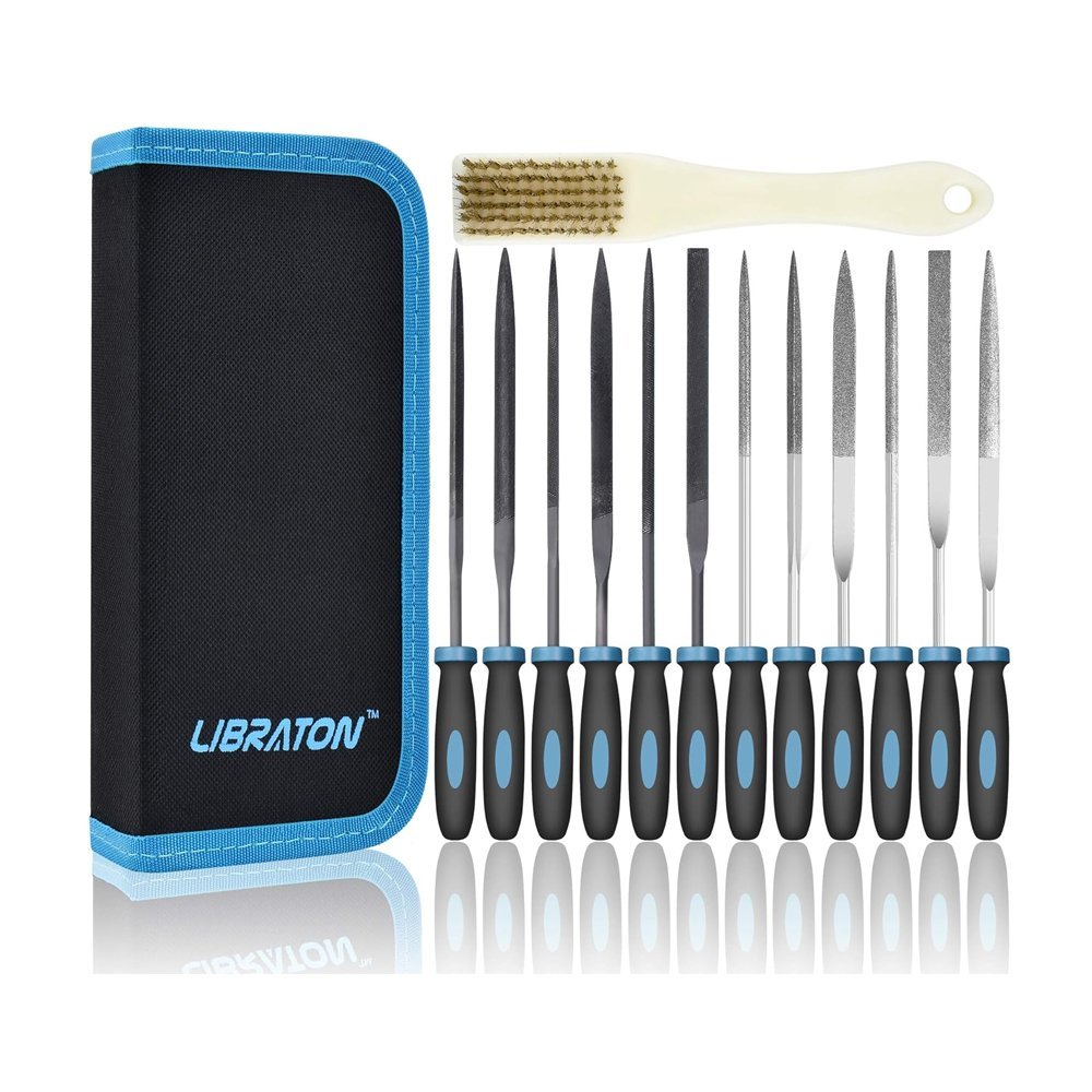 Libraton Needle Files Set 13PCS with 6 Steel Files, 6 Diamond Files, Cleaning Brush & Carrying Case - Ideal for Wood and Metal Work, DIY Metal Filing